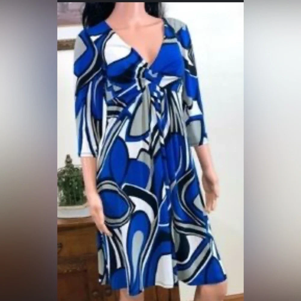 Bisou Bisou Blue Abstract Swirl Midi Dress Size 6 Stretch 3/4 Sleeve